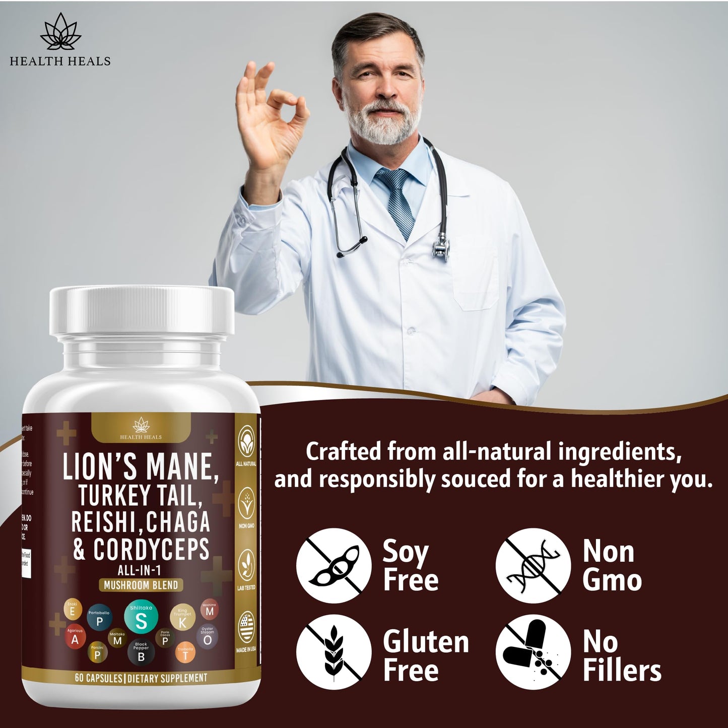 Health Heals 60 count mushroom supplement packaging details