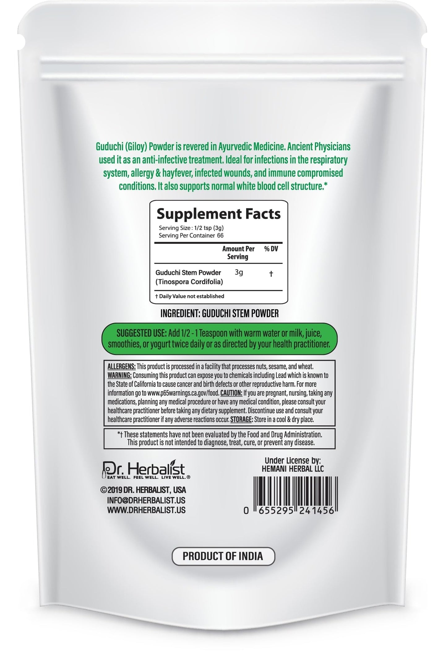 Dr. HERBALIST 100% natural immunity wellness powder container for daily detoxification.