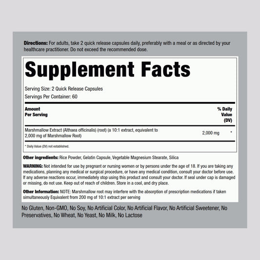 Piping Rock Marshmallow Root herbal supplement nutrition label