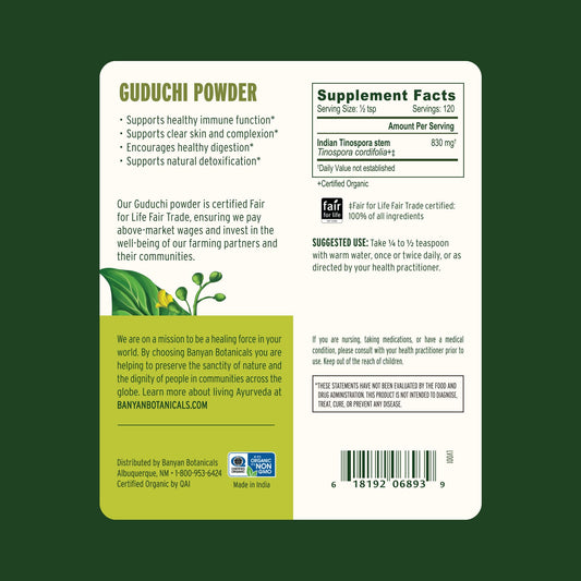 Banyan Botanicals Organic Guduchi Powder ingredient label showing 100 percent pure Tinospora cordifolia stem