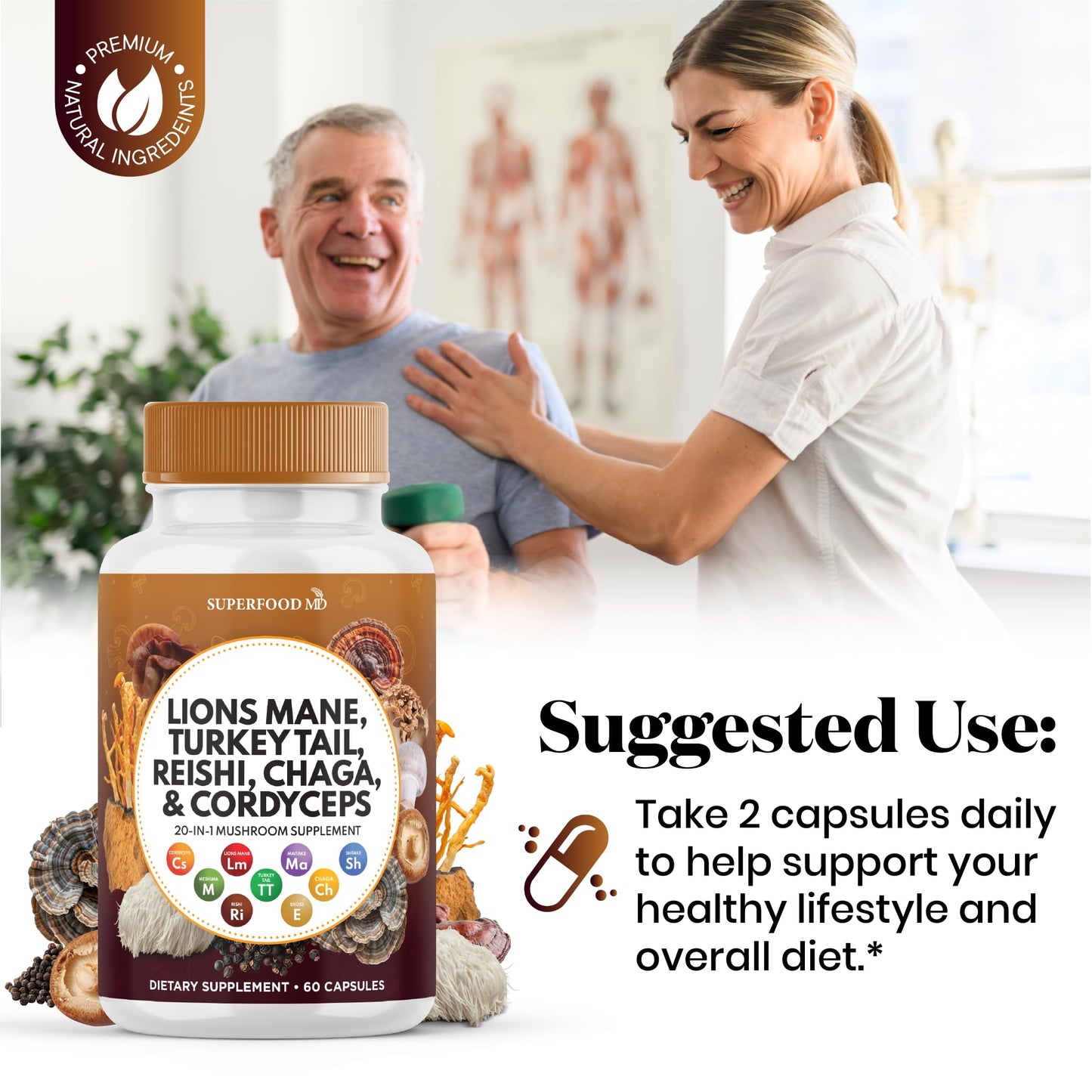 Superfood MD dietary supplement bottle with mushroom ingredients displayed