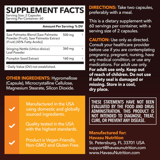 Havasu Nutrition Saw Palmetto 3X Formula dietary supplement bottle showing ingredient panel and dosage instructions.