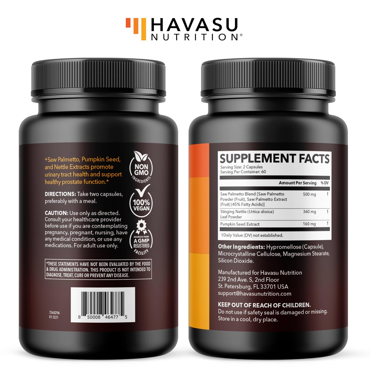 Havasu Nutrition Saw Palmetto premium imported dietary supplement bottle with a clear focus on the authentic product label.
