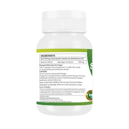 Morsan Healthcare Asparagus Racemosus extract sixty vegetarian capsules nutritional information label.