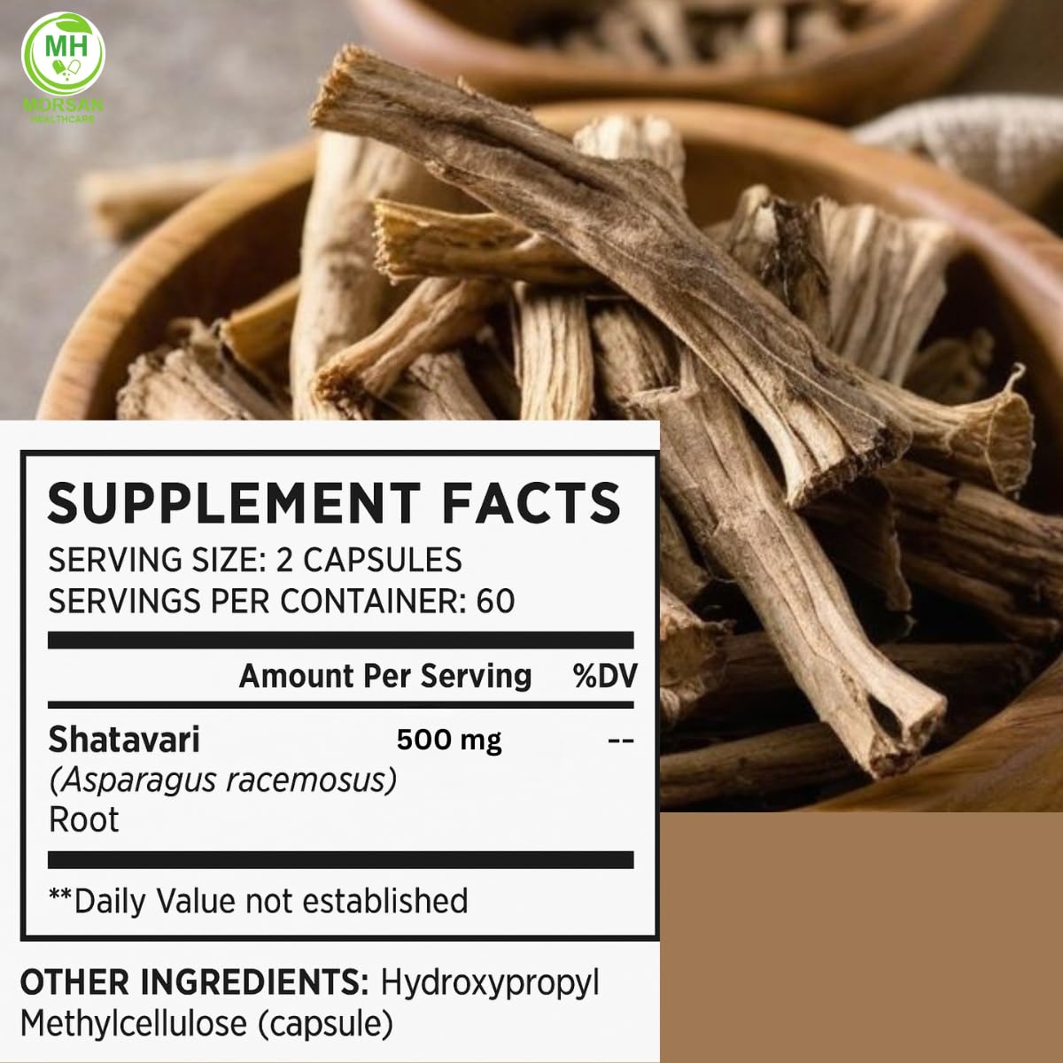 Gluten free non GMO Shatavari five hundred milligram dietary supplement bottle.