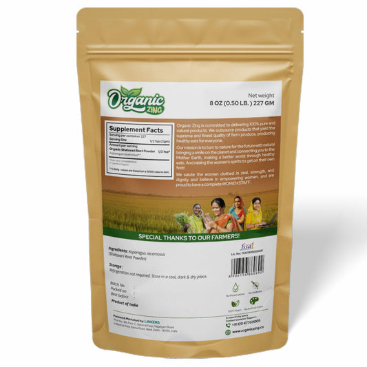 Organic Zing Shatavari root powder twin pack displaying product net weight and dietary attributes.