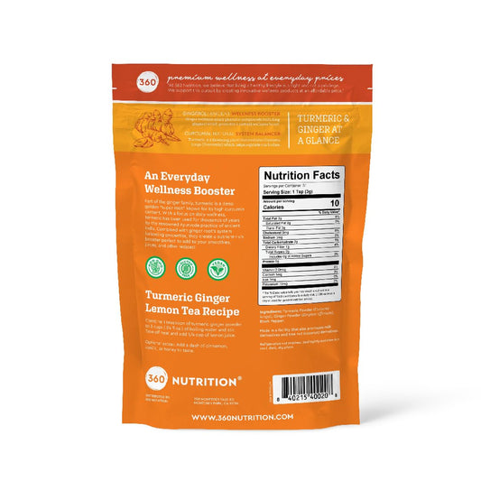 360 Nutrition Turmeric Ginger Supplement packaging showing vegan and keto friendly labels