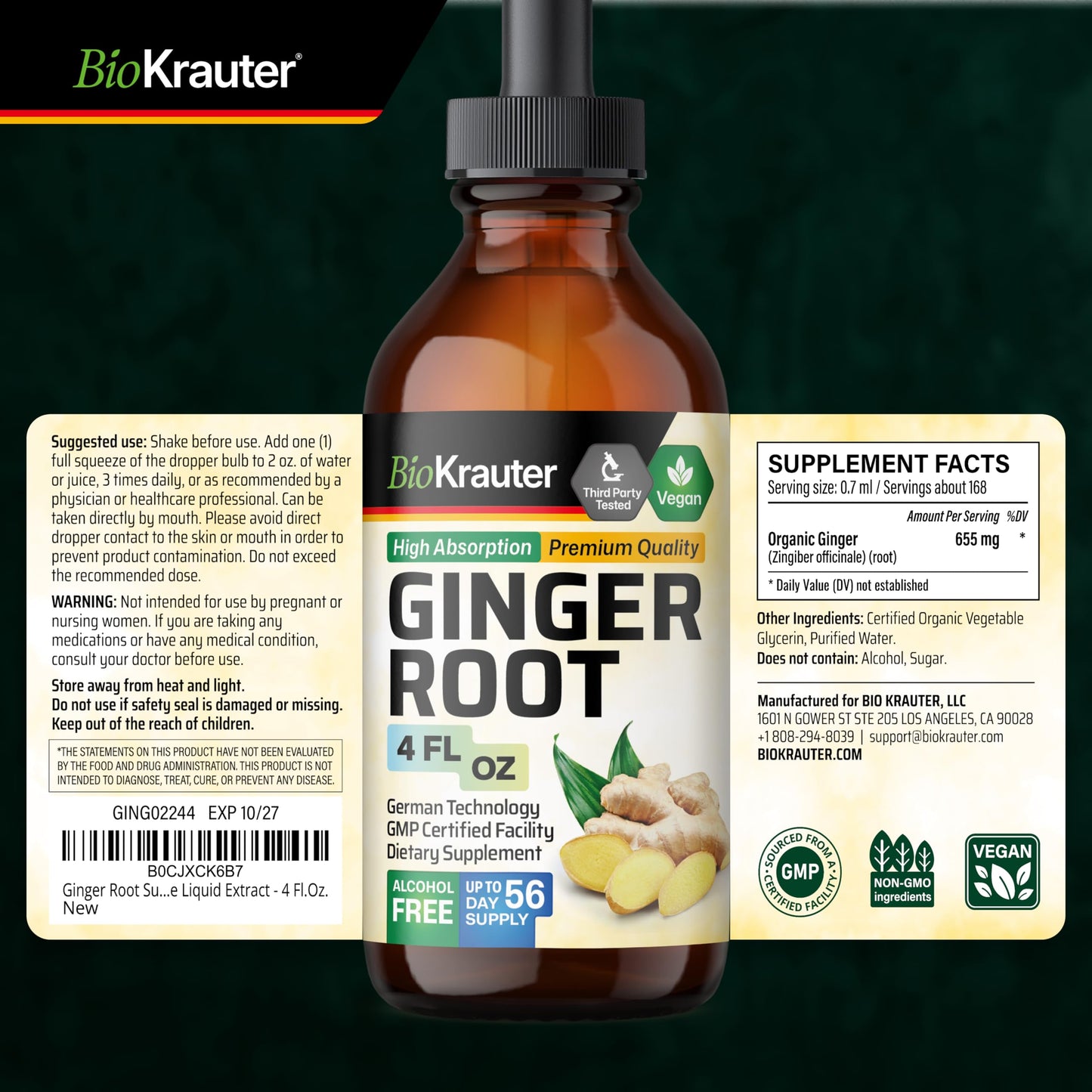 Complete product packaging display of USA imported BIO KRAUTER ginger root dietary supplement on clean backdrop