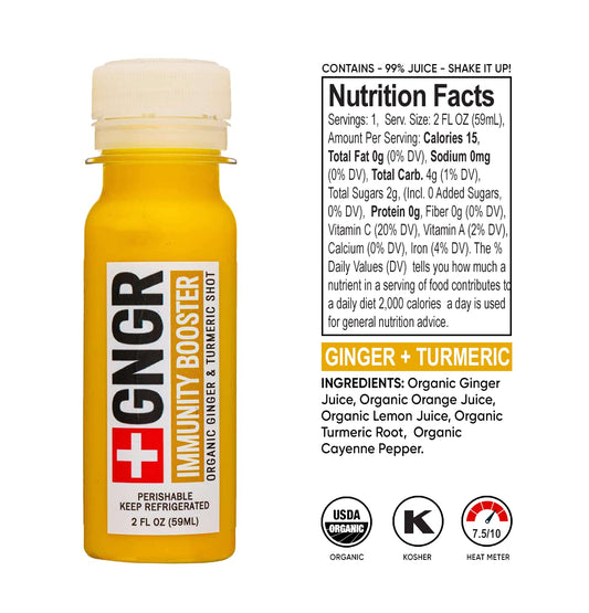 Cold-pressed organic ginger wellness shots bottles highlighting the natural ingredients list.
