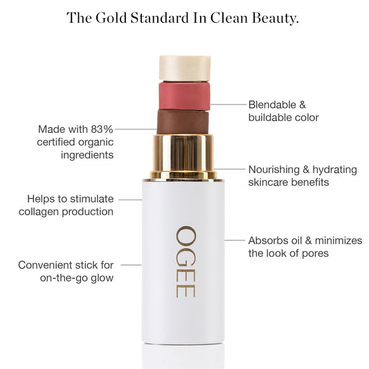 Ogee Sculpted Face Stick trio open showing the individual cream bronzer blush and highlighter shades.