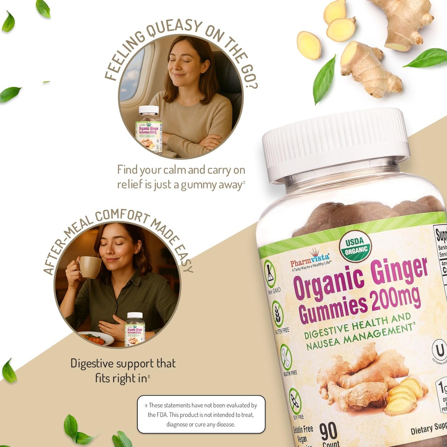 Pharmvista natural nausea relief supplement packaging showing the authentic USDA organic certification seal.