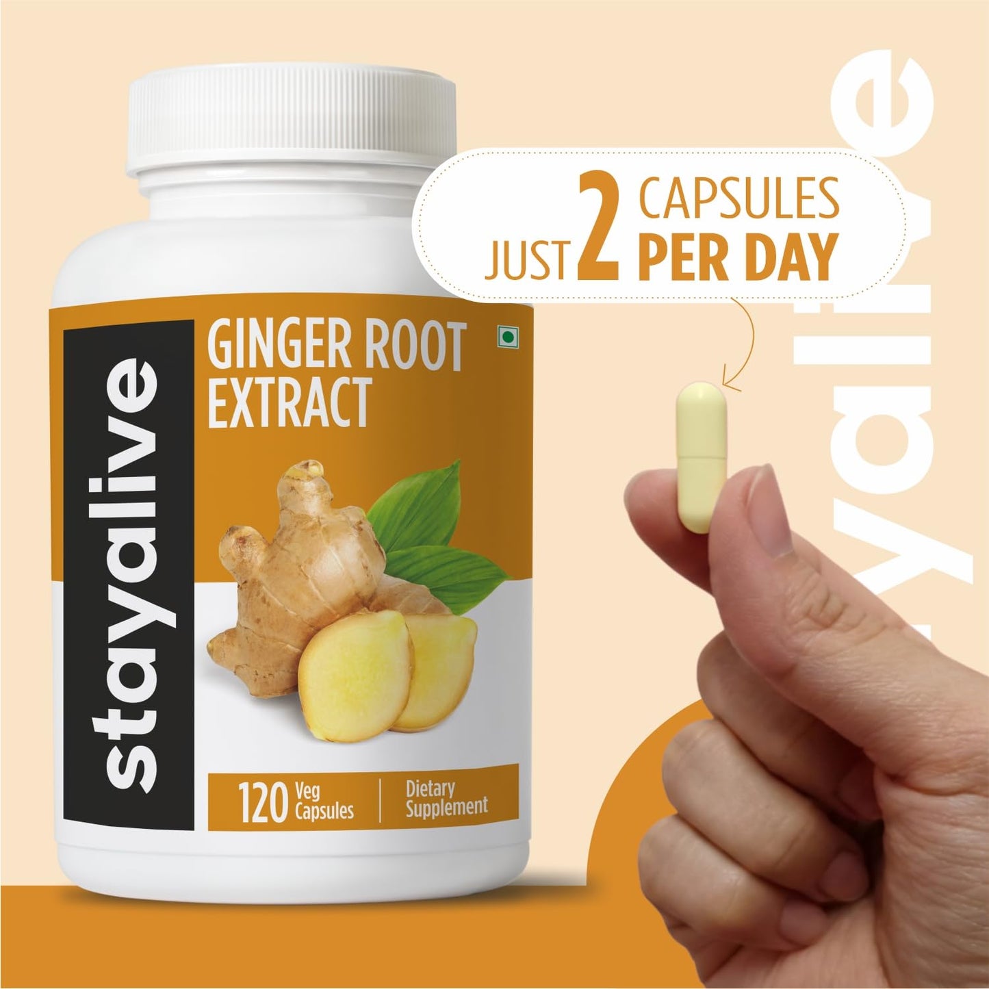 Authentic USA imported Stay Alive ginger supplement bottle on a plain background.