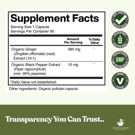 Organic Ginger Root Extract 3850 milligrams supplement facts label showing serving size and ingredients