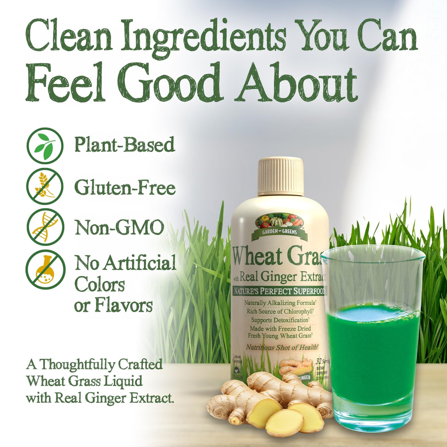 Side view of Garden Greens Wheat Grass naturally alkalizing liquid supplement bottle depicting volume clarity.
