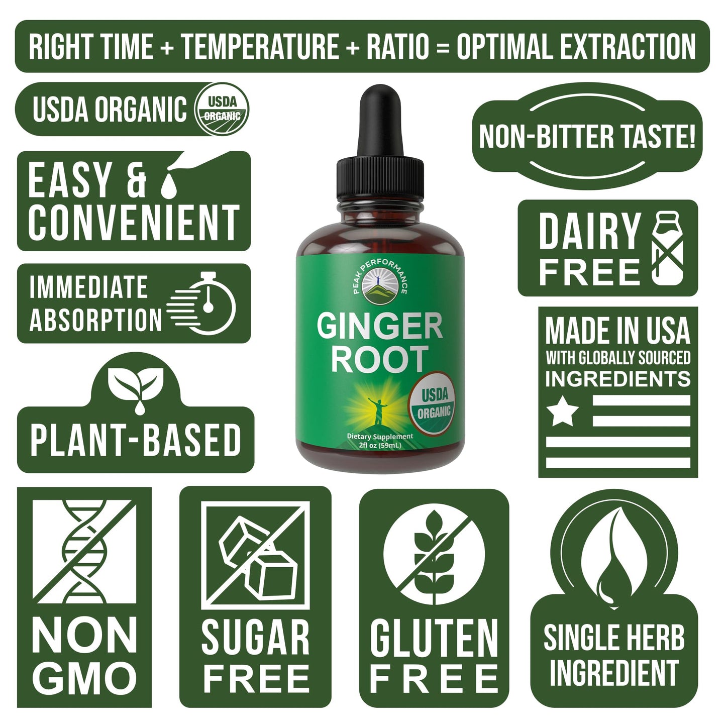 Travel friendly two fluid ounce bottle of organic ginger root extract