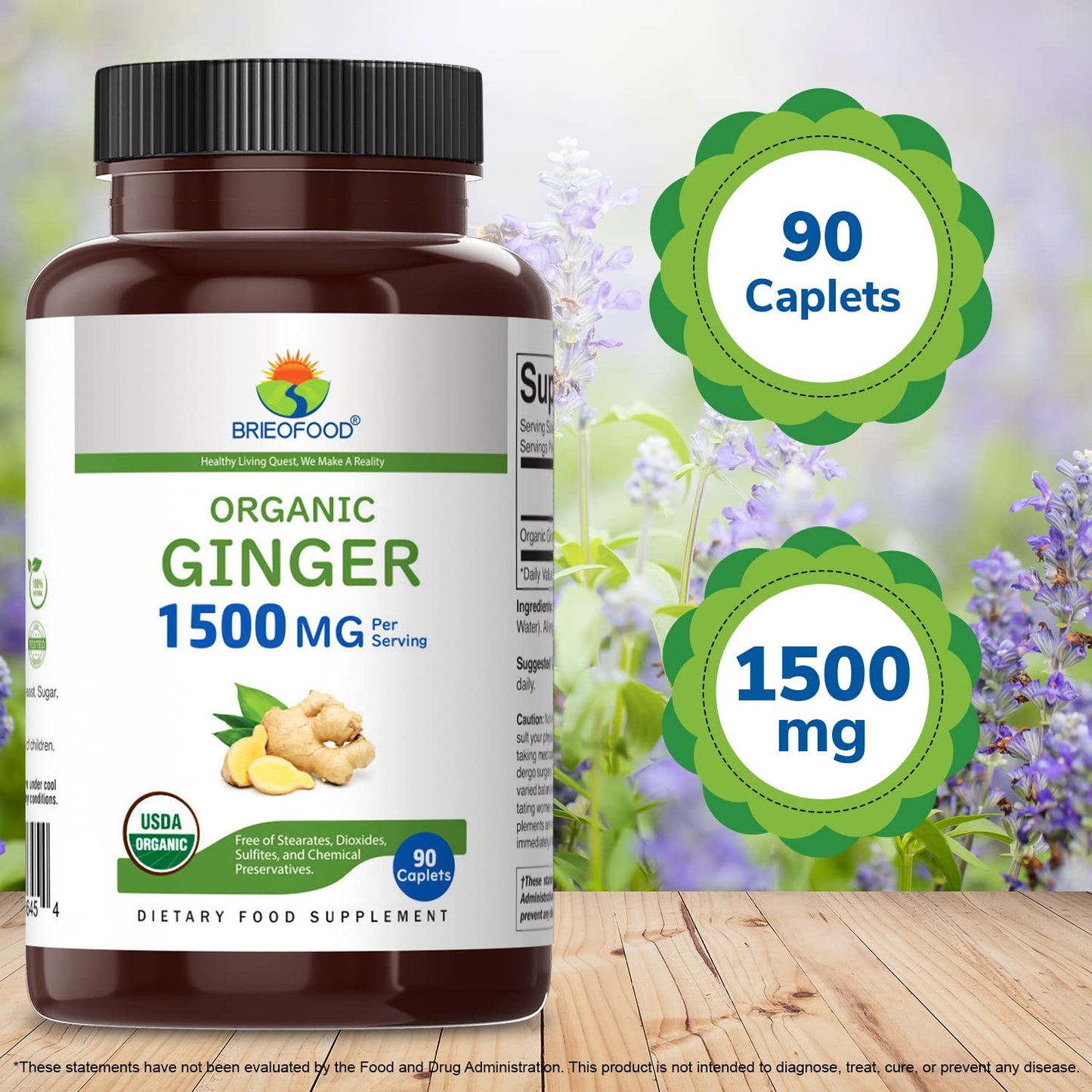 Brieofood Organic Ginger premium natural supplement bottle display for overall gut health