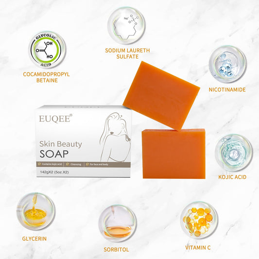 Two bars of EUQEE glutathione soap with foaming net