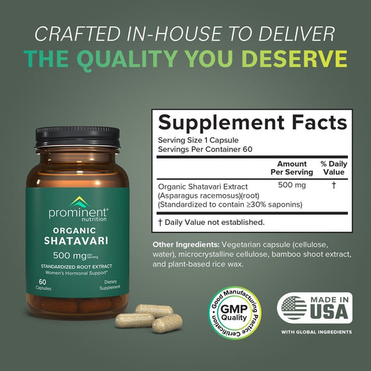 Close up of supplement facts label on Prominent Nutrition Organic Shatavari 500 Milligrams bottle.