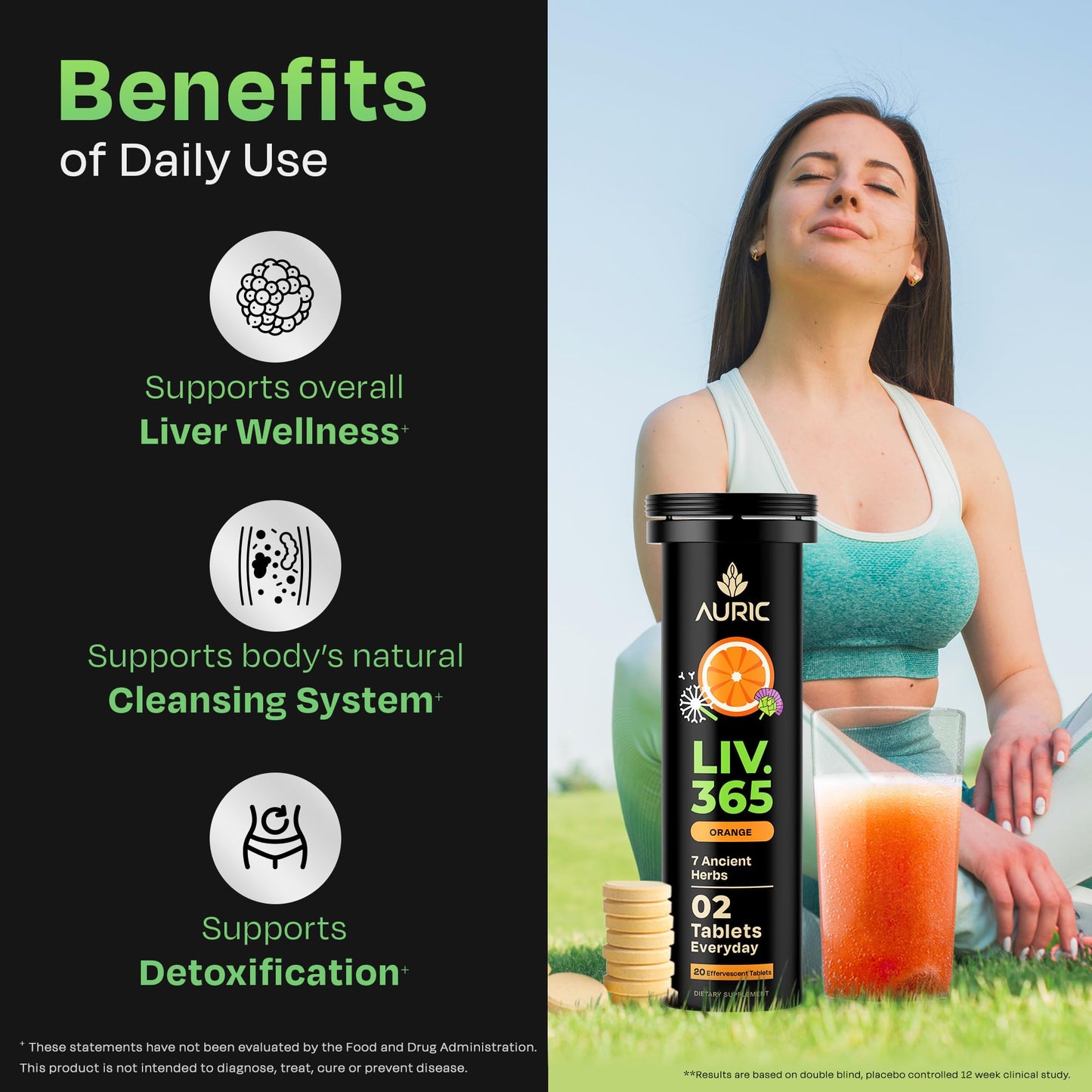 Supplement facts label on Auric Liver Support packaging highlighting the ten herbal ingredients.