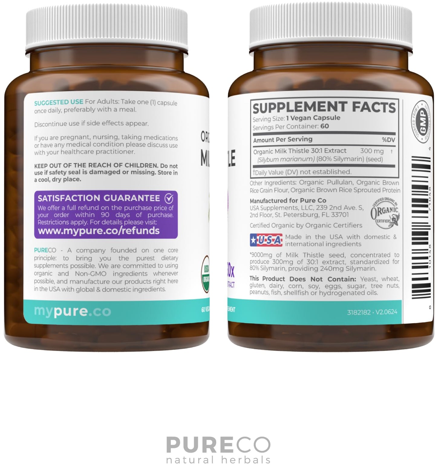 PURE CO Organic Milk Thistle supplement bottle showing dosage instructions for premium liver cleanse.