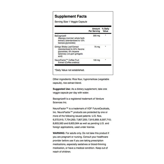 Swanson brain health supplement bottle showcasing supplement facts and premium herbal ingredients