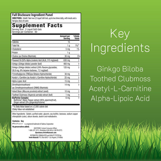 Irwin Naturals maximum focus and memory supplement label facts side view