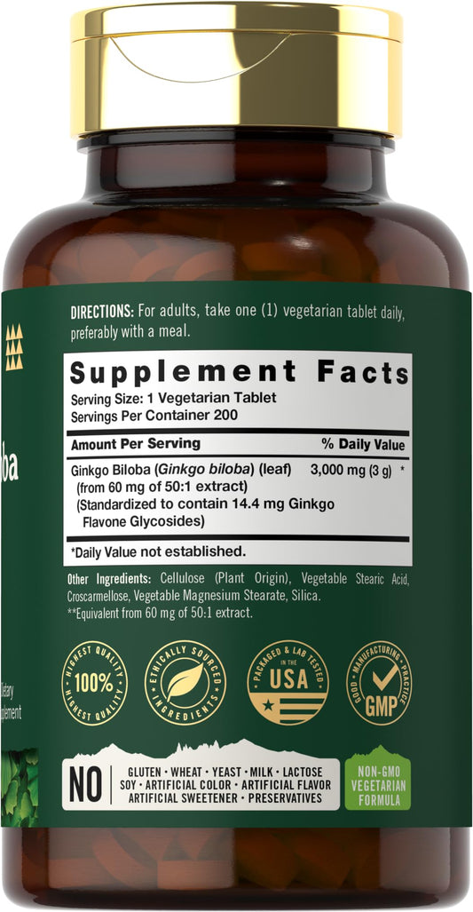 Carlyle Ginkgo Biloba 3000mg extra strength supplement bottle side panel showing nutritional facts