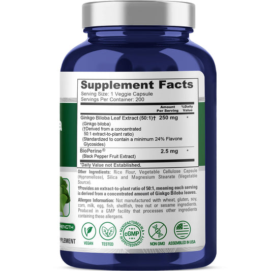 Back label of NusaPure Ginkgo Biloba extract showing supplement facts and ingredients