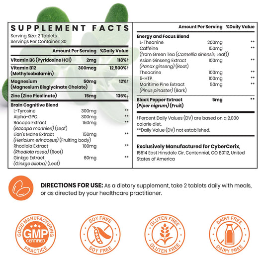 CyberCerix Addifocus brain booster formula side label displaying comprehensive ingredients list