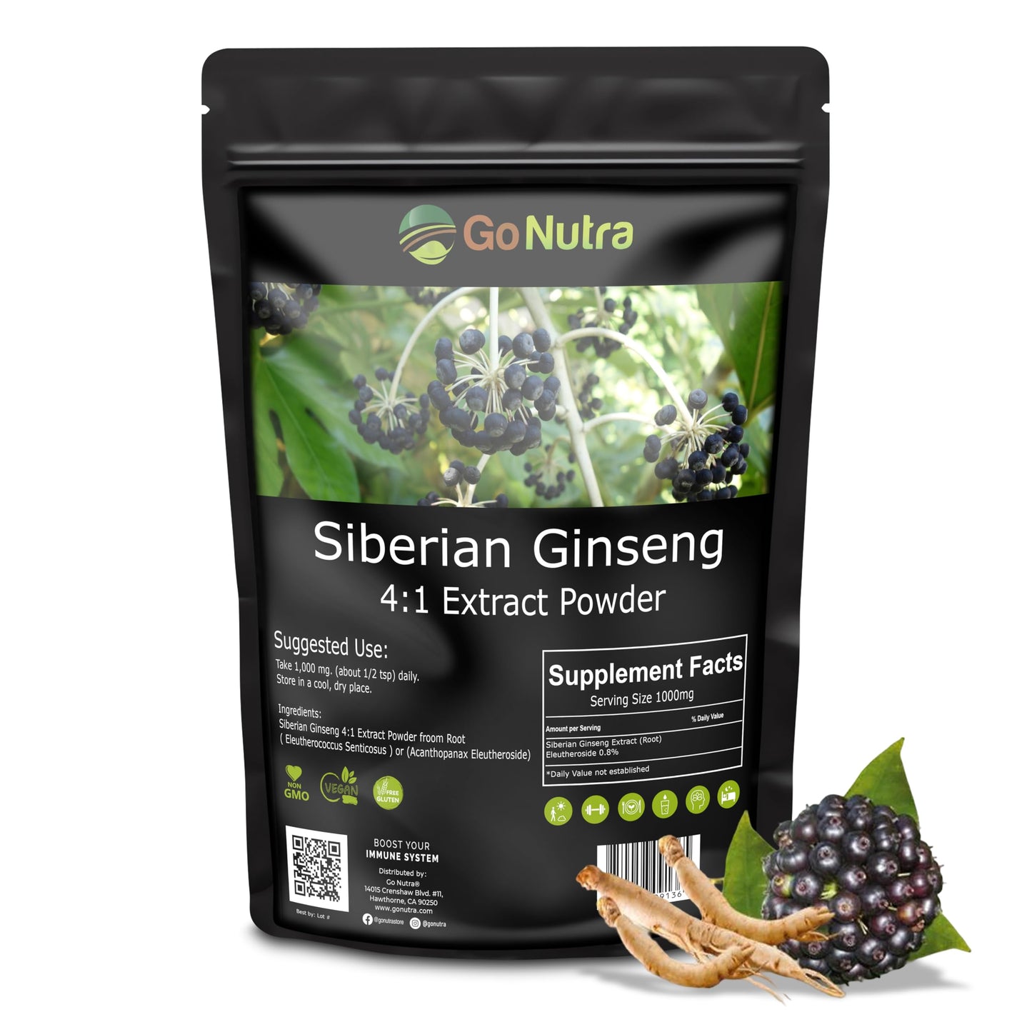 Dietary supplement facts on Go Nutra Siberian Ginseng bottle