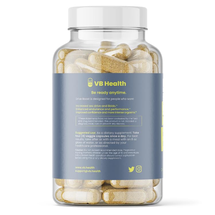 VB Health Drive Boost supplement bottle with clearly visible dosage information