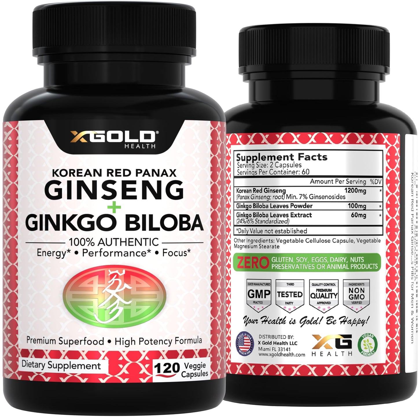 Group shot of X Gold Health 120 capsules supplement bottle