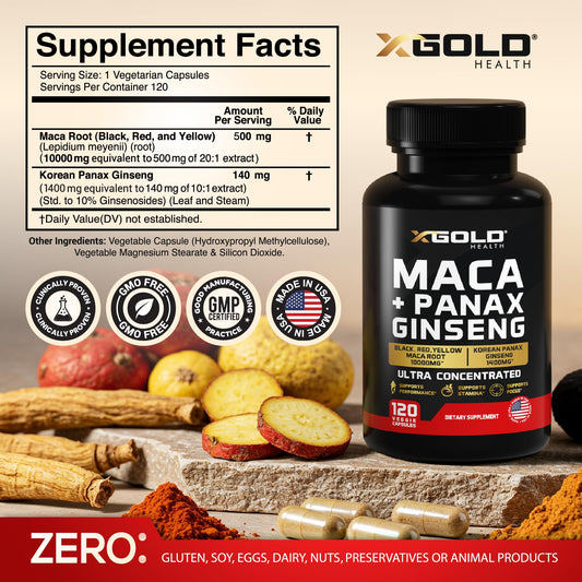 Close up of X Gold Health supplement label showing 10000mg Maca and 1400mg Ginseng