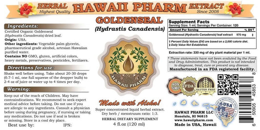 Hawaii Pharm goldenseal alcohol free tincture bottle showing supplement facts label