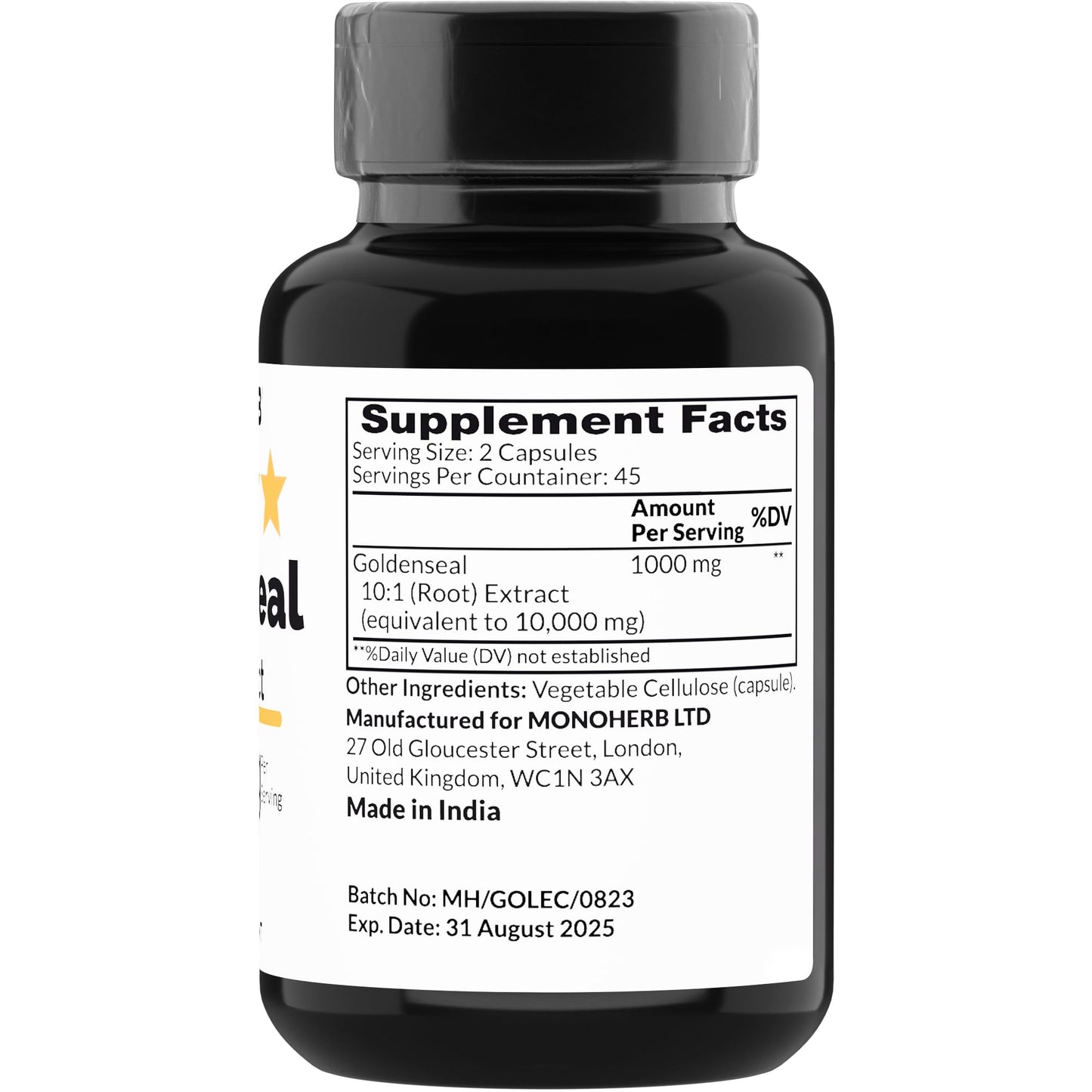 Authentic USA imported goldenseal root extract transparent vegetarian capsules label details