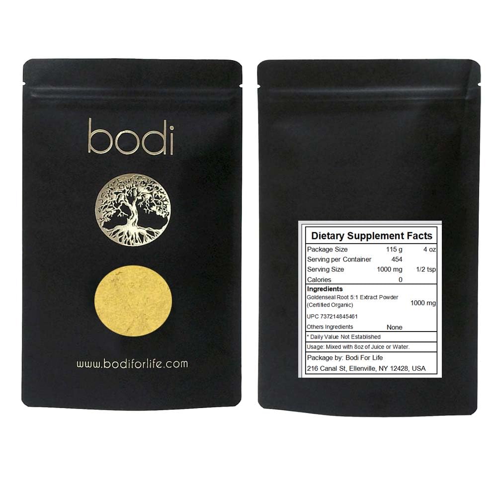 Bodi Goldenseal Root 5:1 Extract Powder sealed protective pouch layout