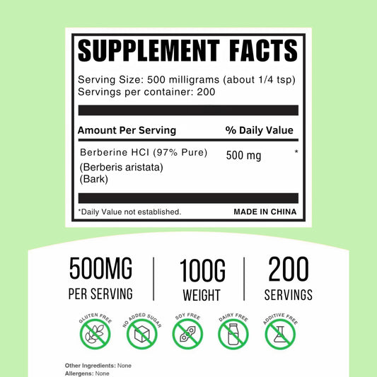 Ninety-seven percent plant based extract berberine supplement unflavored powder nutrition label view.