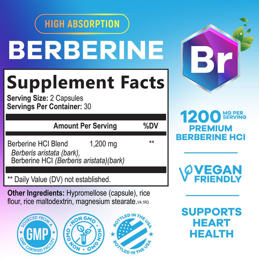 Nature's Nutrition Berberine HCL 60 veggie capsules nutritional supplement label facts