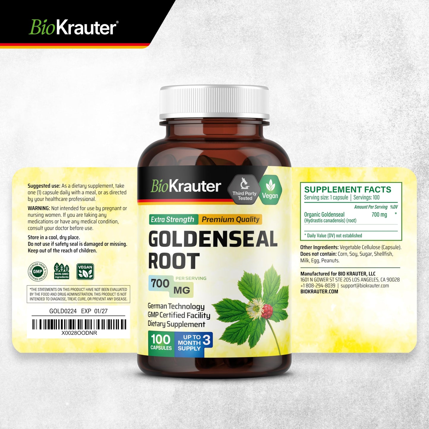 Close up view of Bio Krauter Goldenseal capsules bottle for gastrointestinal care