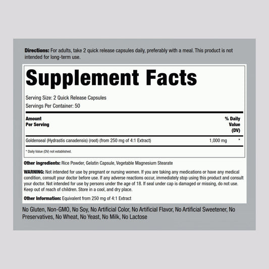 Piping Rock Goldenseal Root supplement facts and ingredient label