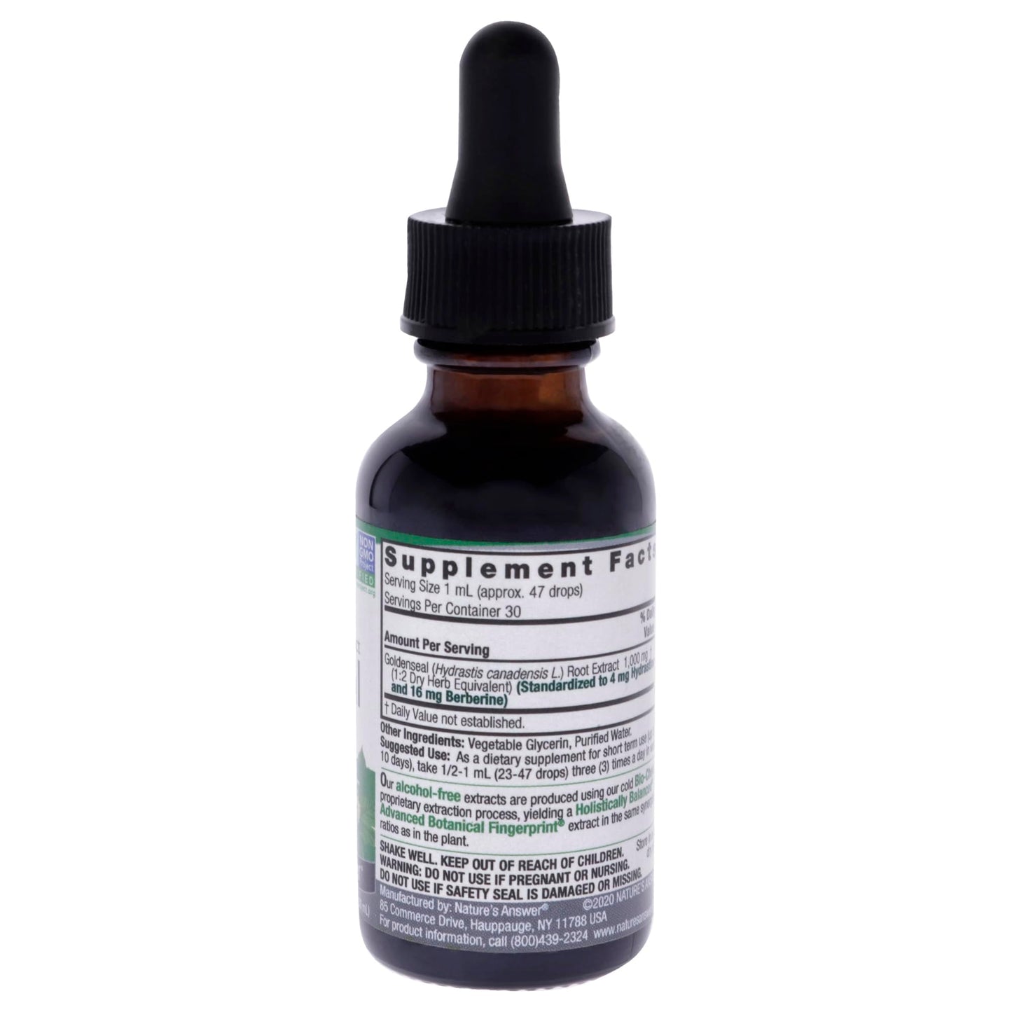 Alcohol-free Nature's Answer Goldenseal Root 1000mg herbal supplement ingredient labels and holistic balance verification.