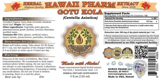 Hawaii Pharm Centella Asiatica herbal tincture packaging and supplement facts label