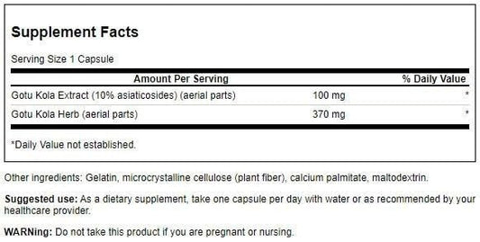Authentic USA imported Swanson Centella Asiatica supplement bottle label showing vegan capsule details and ingredients.