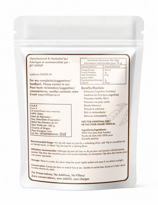 Organic Centella Asiatica leaf powder in a resealable pouch for memory support.