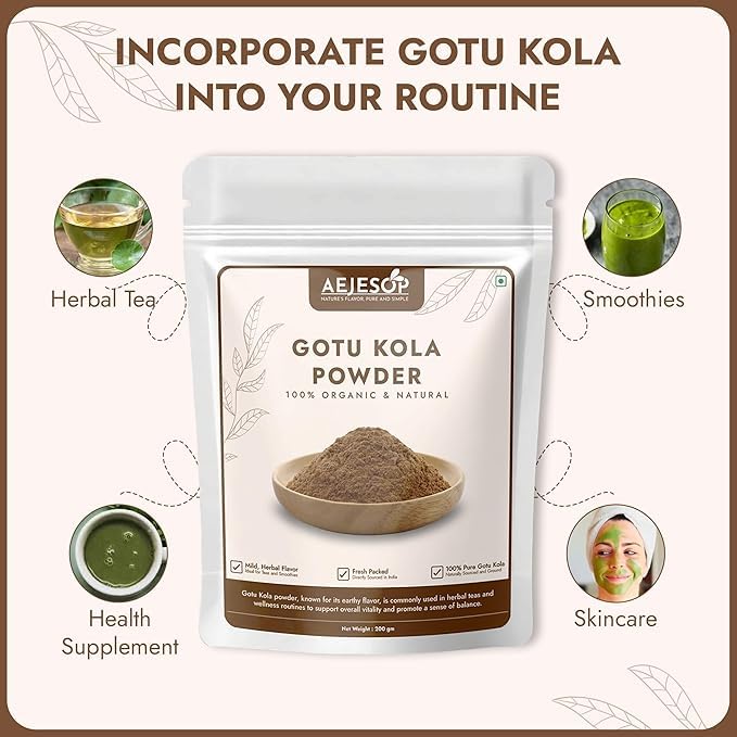 Finely ground herbal gotu kola powder for skin health and dietary smoothies.