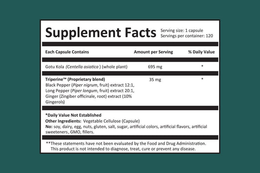 Dr Gumman Clinical Grade Gotu Kola 120 vegan capsules supplement facts label detailing pure ingredients.