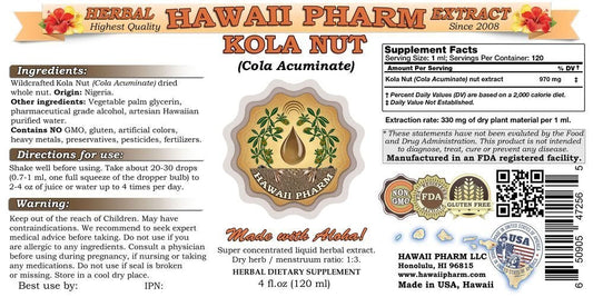 Hawaii Pharm Cola Acuminata herbal tincture supplement label details for energy support