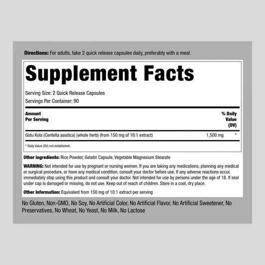 Piping Rock Centella asiatica herbal supplement packaging displaying non-GMO and gluten free labels