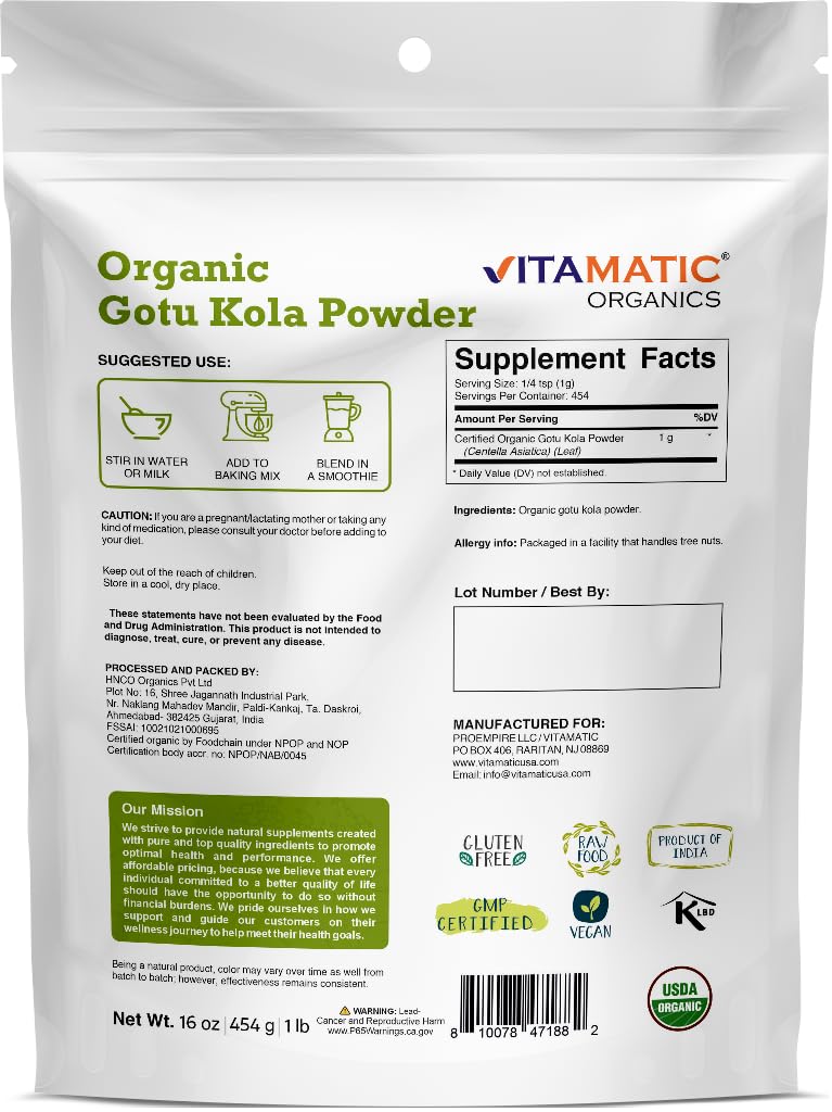 Vitamatic one pound bulk bag showing nutritional facts and GMP certification