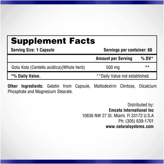 Natarasys Gotu Kola Herb 500mg dietary supplement bottle showing clean formula label